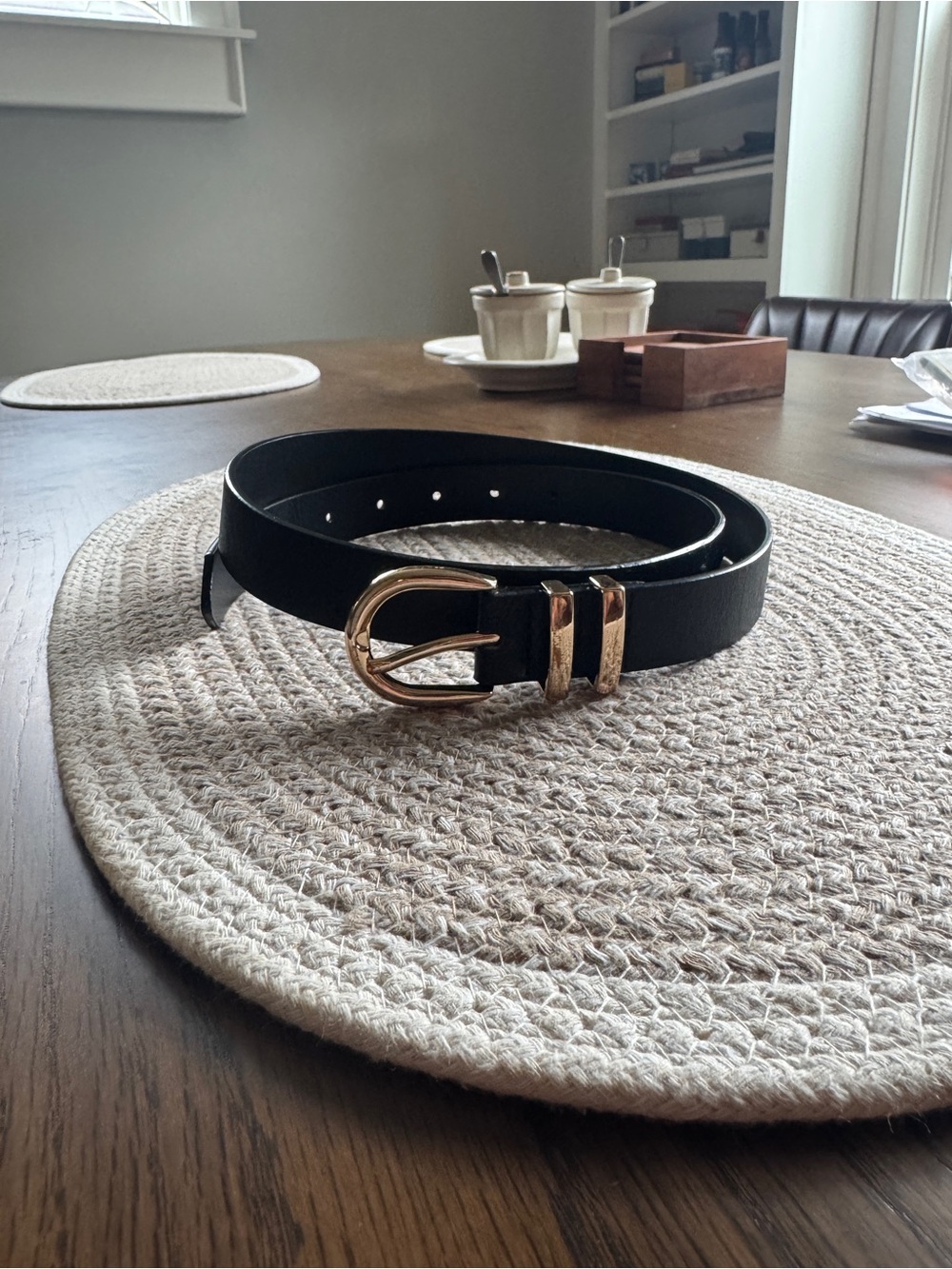 Classic Black Leather Belt with Gold Buckle - Women Accessories